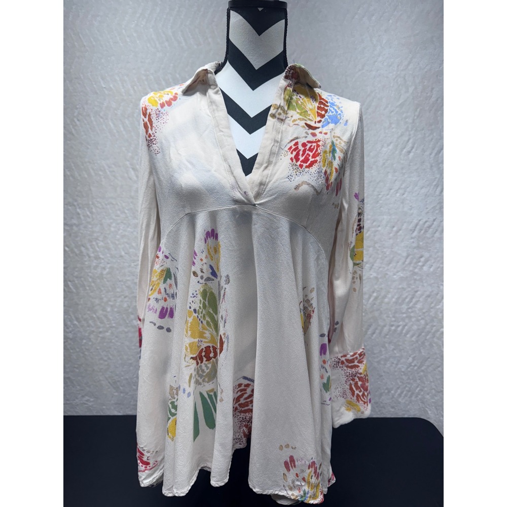 Free People Butterfly Print Tunic Top Cream Multi V-Neck Long Sleeve Boho Small